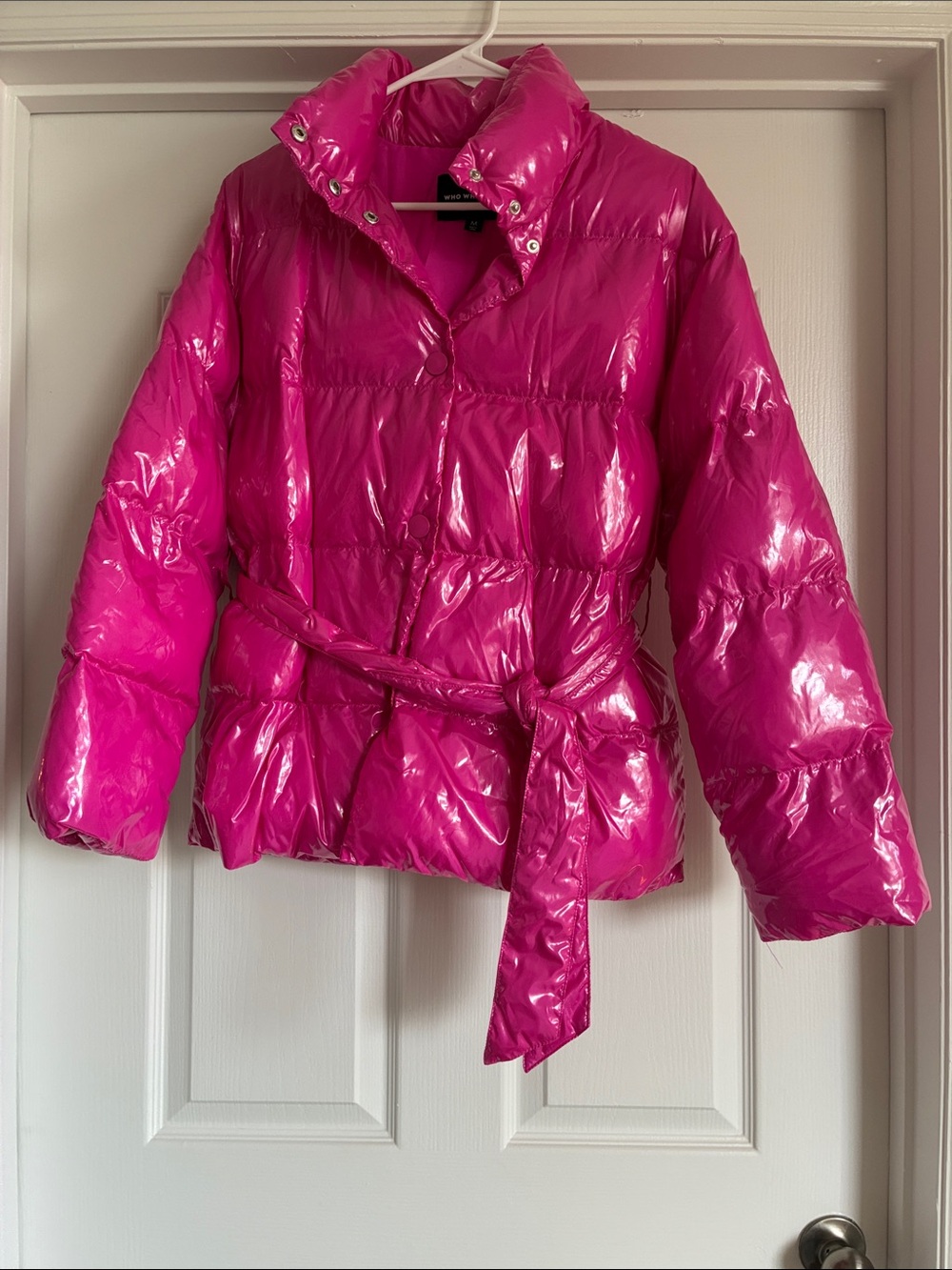 Y2K Who What Wear Hot Pink High Shine Vinyl Puffer Jacket Belted Size M NWOT - Picture 3 of 7